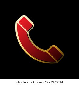 Phone sign illustration. Vector. Red icon with small black and limitless shadows at golden sticker on black background.