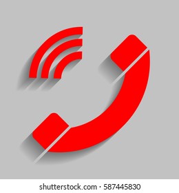 Phone sign illustration. Vector. Red icon with soft shadow on gray background.