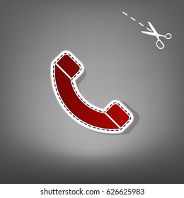 Phone sign illustration. Vector. Red icon with for applique from paper with shadow on gray background with scissors.