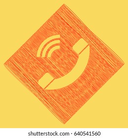 Phone sign illustration. Vector. Red scribble icon obtained as a result of subtraction rhomb and path. Royal yellow background.