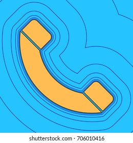 Phone sign illustration. Vector. Sand color icon with black contour and equidistant blue contours like field at sky blue background. Like waves on map - island in ocean or sea.