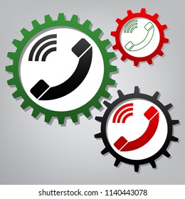 Phone sign illustration. Vector. Three connected gears with icons at grayish background.