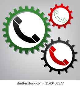 Phone sign illustration. Vector. Three connected gears with icons at grayish background.