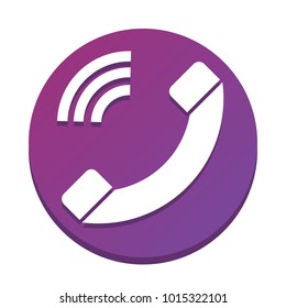 Phone sign illustration. Vector. White icon with flat shadow on purpureus circle at white background. Isolated.