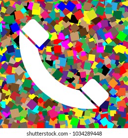 Phone sign illustration. Vector. White icon on colorful background with seamless pattern from squares.