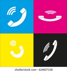 Phone sign illustration. Vector. White icon with isometric projections on cyan, magenta, yellow and black backgrounds.