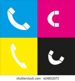Phone sign illustration. Vector. White icon with isometric projections on cyan, magenta, yellow and black backgrounds.