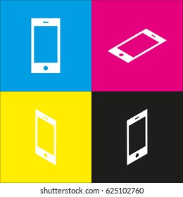 Phone sign illustration. Vector. White icon with isometric projections on cyan, magenta, yellow and black backgrounds.