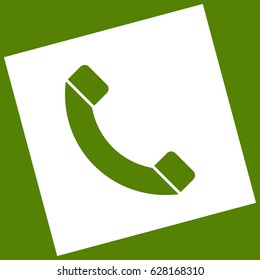 Phone sign illustration. Vector. White icon obtained as a result of subtraction rotated square and path. Avocado background.