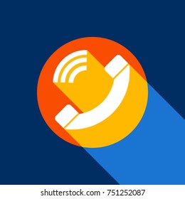 Phone sign illustration. Vector. White icon on tangelo circle with infinite shadow of light at cool black background. Selective yellow and bright navy blue are produced.