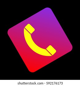 Phone sign illustration. Vector. Yellow icon at violet-red gradient square with rounded corners rotated for dynamics on black background.
