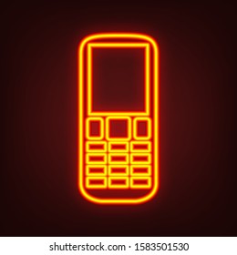 Phone sign illustration. Yellow, orange, red neon icon at dark reddish background. Illumination. Illustration.