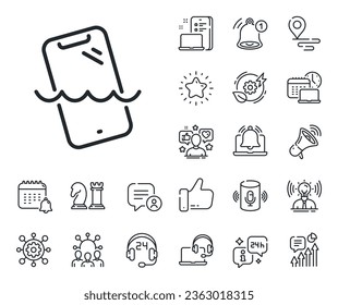 Phone sign. Place location, technology and smart speaker outline icons. Smartphone waterproof line icon. Mobile device symbol. Smartphone waterproof line sign. Vector