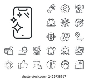 Phone sign. Place location, technology and smart speaker outline icons. Smartphone clean screen line icon. Mobile device symbol. Smartphone clean line sign. Influencer, brand ambassador icon. Vector
