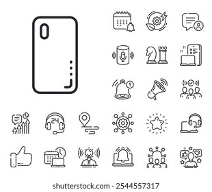 Phone sign. Place location, technology and smart speaker outline icons. Smartphone cover line icon. Mobile device symbol. Smartphone cover line sign. Influencer, brand ambassador icon. Vector