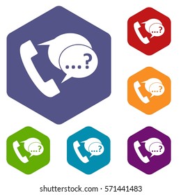 Phone sign and support speech bubbles sign icons set rhombus in different colors isolated on white background