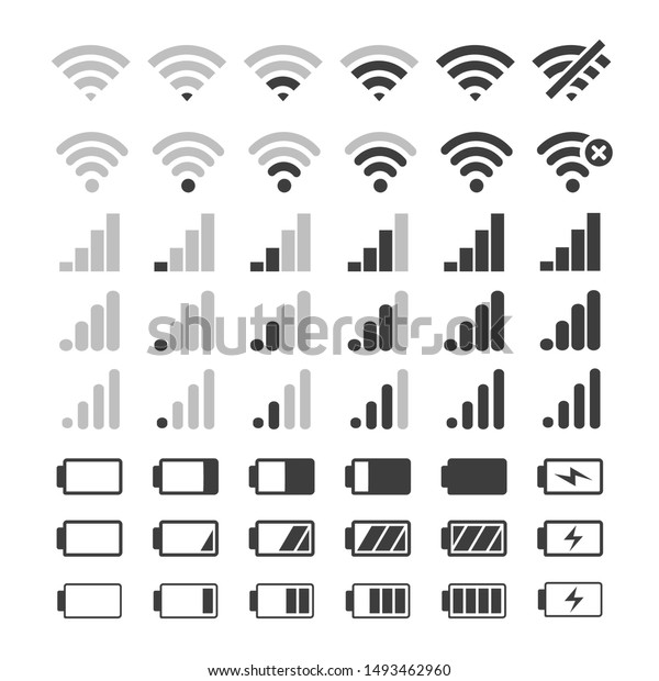Phone signal and battery icons. Vector mobile interface top bar icon