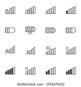 Phone signal and battery line icons set, smartphone UI outline vector symbol collection, linear style pictogram pack. Signs logo illustration. Set includes icons as gsm and wifi signal, battery charge