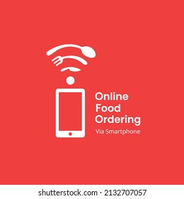 Phone with signal and cutlery illustration, Online food ordering via smartphone logo icon sign symbol poster banner design concept 