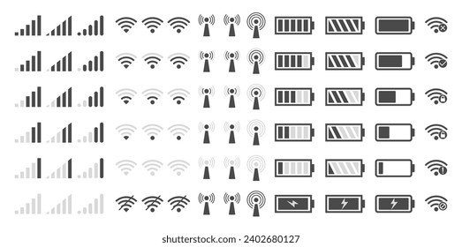 Phone signal WIFI and battery icons. Vector mobile interface top bar icon set for network signals and telephone charge levels status