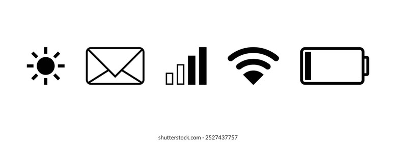 WIFI de sinal de telefone e ícones de bateria. Ícone da barra superior da interface móvel definido para sinais de rede e status dos níveis de encargo do telefone.