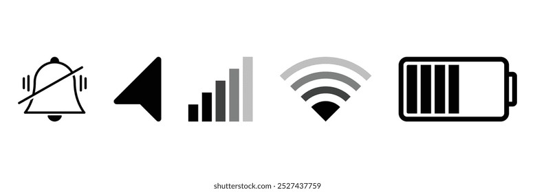 Phone signal WIFI and battery icons. Mobile interface top bar icon set for network signals and telephone charge levels status.