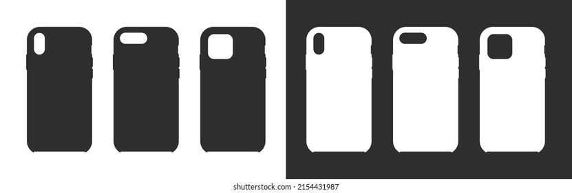 Phone silicone case. Smartphone cover. Mockup of silicone Phone case. Mock up of cellphone hard covers. Different black and white mockups isolated on white background. Vector.