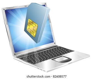 Phone SIM card icon coming out of laptop screen concept