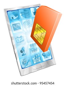 Phone SIM card icon coming out of screen concept