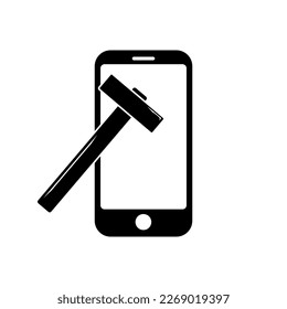 Phone with simple hammer icon symbol for app and web