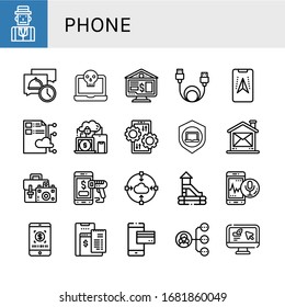 phone simple icons set. Contains such icons as Journalist, Message, Laptop, Online banking, Data cable, Gps, Cloud, Devices, Settings, Mail, can be used for web, mobile and logo