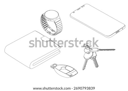 Phone sketch with an attached keychain, accompanied by a watch, wallet, and car keys. The composition illustrates a collection of everyday personal items.