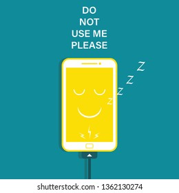 a phone sleeps during charging concept. advice not to use the phone when it is being charged. Flat style design with cyan background. Vector illustration