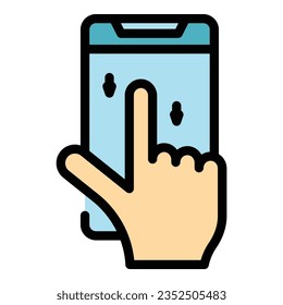 Vector de contorno de icono de diapositiva de teléfono. Mano de aplicación. Pulsar el color del botón