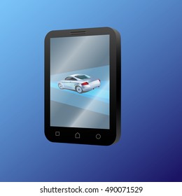 Phone smart phone in black with a splash screen touch screen. Sleek mobile on  blue background. Stock vector illustration. Beautifully detailed, modern, realistic image of the smart phone.