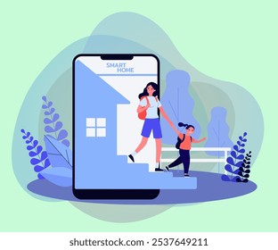 Phone with smart home application vector illustration. Drawing of woman and daughter coming out of screen. Smart home, modern technology concept