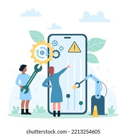 Phone smart system customization vector illustration. Cartoon tiny people move sliders of settings on control panel of account, use tool and robotic arm to automate mobile app setup in smartphone