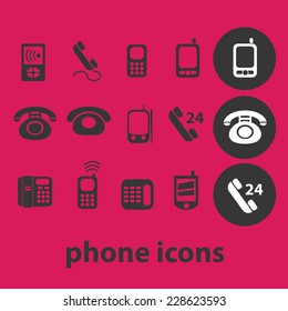 phone, smartphone, call service black isolated icons, signs, symbols, illustrations set, vector