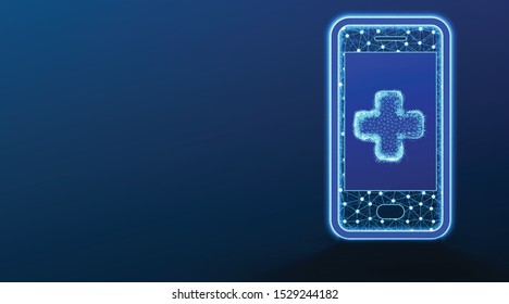 Phone, Smartphone and health medical symbol. Crossed Health Icon. Doctor Online concept. Abstract Low Poly wireframe mesh design. On dark blue background. Vector Illustration