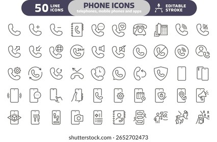 Phone and smartphone icon set. Thin line editable stroke icons. Calls, communication, messaging, smartphone apps, telecommunication, mobile services, customer support, digital communication.