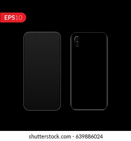 Phone, smartphone, mobile vector mockup isolated on black background with empty screen. Back and front view realistic illustration phone with black color.