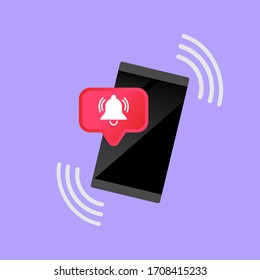 Teléfono, smartphone con icono de timbre de notificación plano en el moderno concepto de diseño de color sobre fondo azul aislado.Vector EPS 10.