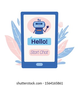 Phone, smartphone screen with cute funny bot, chatbot welcoming to start a chat, artificial intelligence, virtual assistant, customer support concept, flat style vector illustration