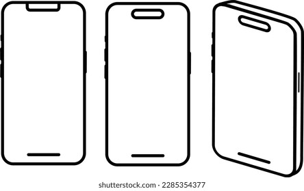 Phone smartphone touchscreen template front view and side view format with black outline isolated on white transparent background vector