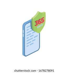 Phone smartphone warranty 1 year 365 days. Vector 3d isometric, color web icon, new flat style. Creative illustration design, graphic idea for infographics.