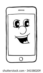 Phone with smile, vector illustration, coloring book