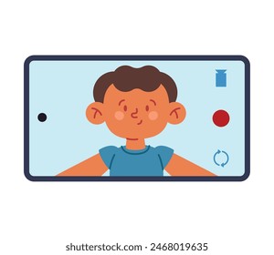 teléfono con chico sonriente tomando selfie aislado