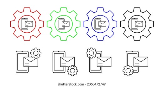 Teléfono, sms, icono del vector de correo electrónico en la ilustración del conjunto de engranajes para ui y ux, sitio web o aplicación móvil