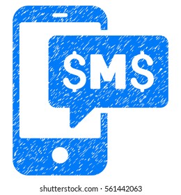 Phone SMS grainy textured icon for overlay watermark stamps. Flat symbol with unclean texture. Dotted vector blue ink rubber seal stamp with grunge design on a white background.