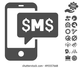 Phone SMS icon with bonus tools symbols. Vector illustration style is flat iconic symbols, gray color, white background.
